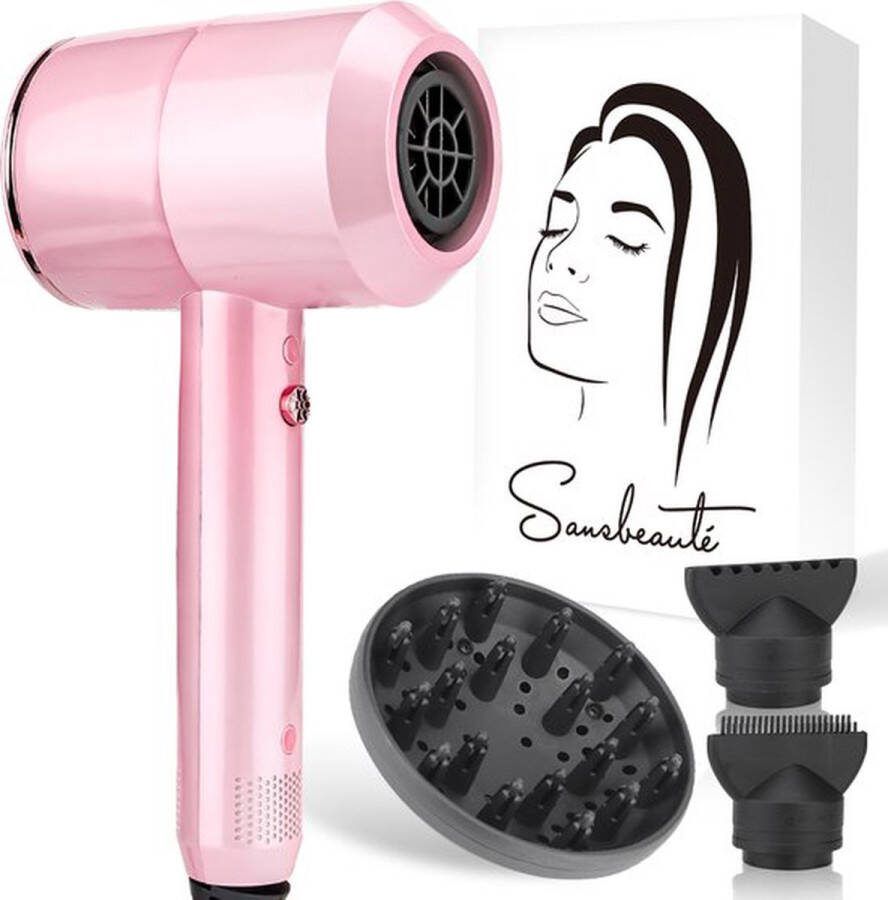 Sansbeauté Föhn met Diffuser – Ionische Haardroger – Borstel Reisföhn 3 Opzetstukken Krullen – Coolshot – 3 Standen – Haarföhn met Diffuser – Hair Dryer 2000W Pink