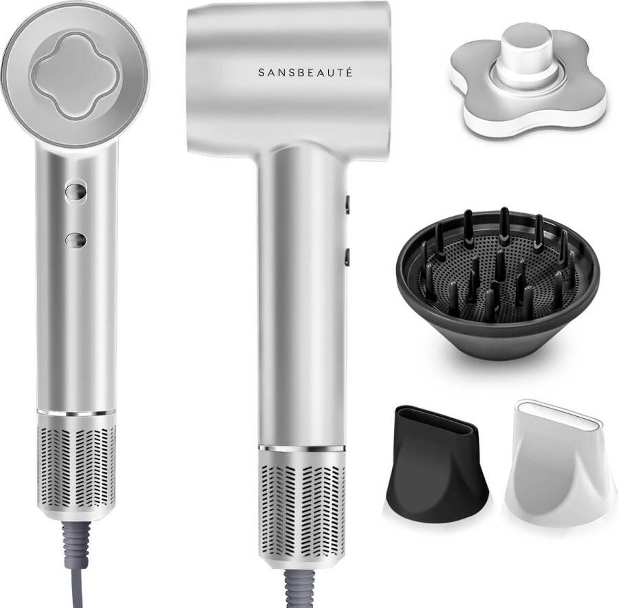 Sansbeauté Föhn met Diffuser – Krullen – 110.000RPM Ionische Haardroger met Borstel 3 Standen 3 Opzetstukken – Reisföhn Coolshot – Haarföhn met Diffuser – Hair Dryer 2000W EssentiaPRO