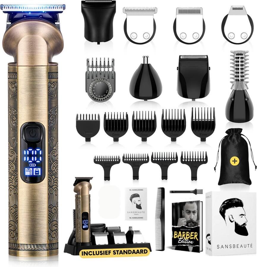 Sansbeauté 8-in-1 Baardtrimmer Mannen + Travel Bag Trimmer voor Baard en Lichaam Incl. 8 opzetstukken Bodygroomer Mannen Bodytrimmer Heren Haar trimmer Tondeuse 0.5-15MM Neus en Oor Trimapparaat Baard Machine Multigroomer