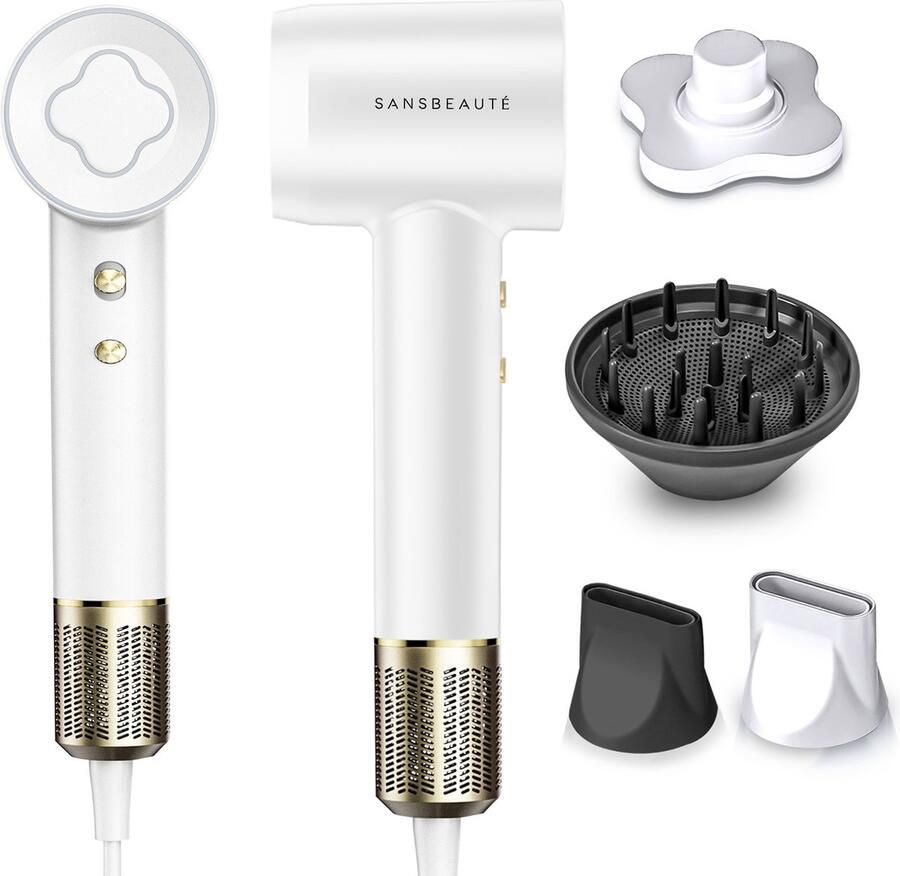 Sansbeauté Föhn met Diffuser – Krullen – 110.000RPM Ionische Haardroger met Borstel 3 Standen 3 Opzetstukken – Reisföhn Coolshot – Haarföhn met Diffuser – Hair Dryer 2000W EssentiaPRO