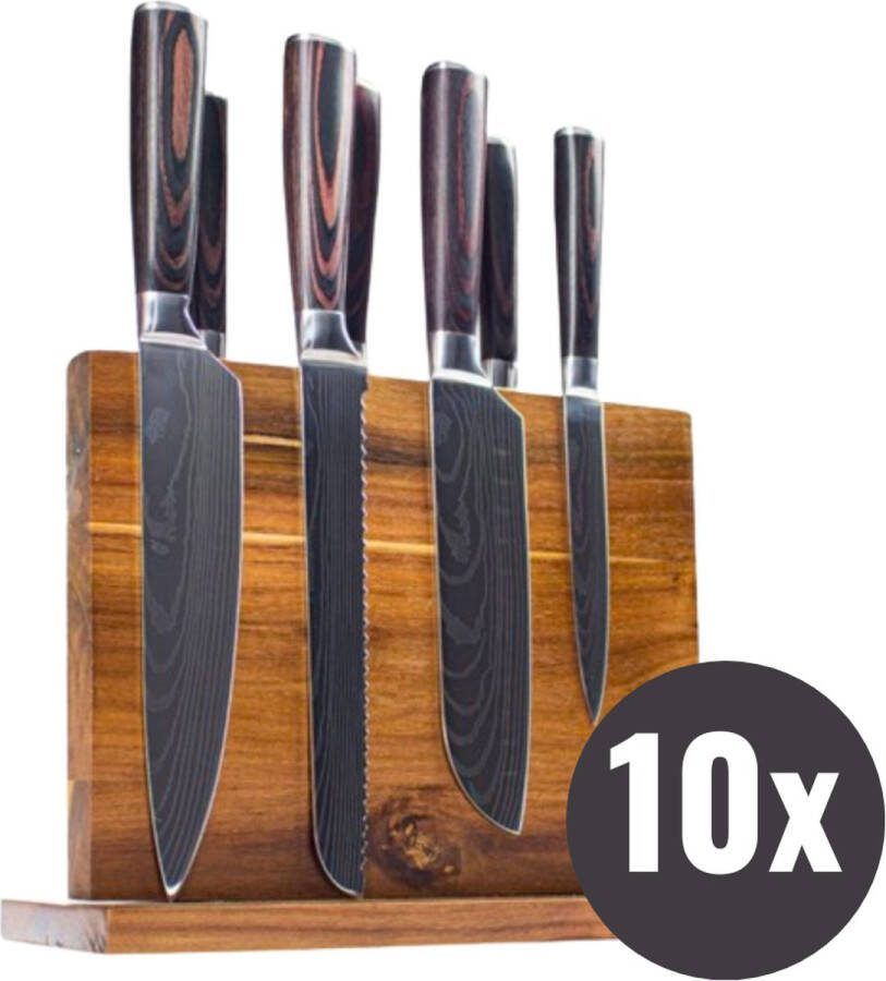 Sansu Japan 10-Delige Messenset met Koksmes en Japanse Damascus Print Luxe Geschenkdoos Zilver Bruin Staal Prijs: €149