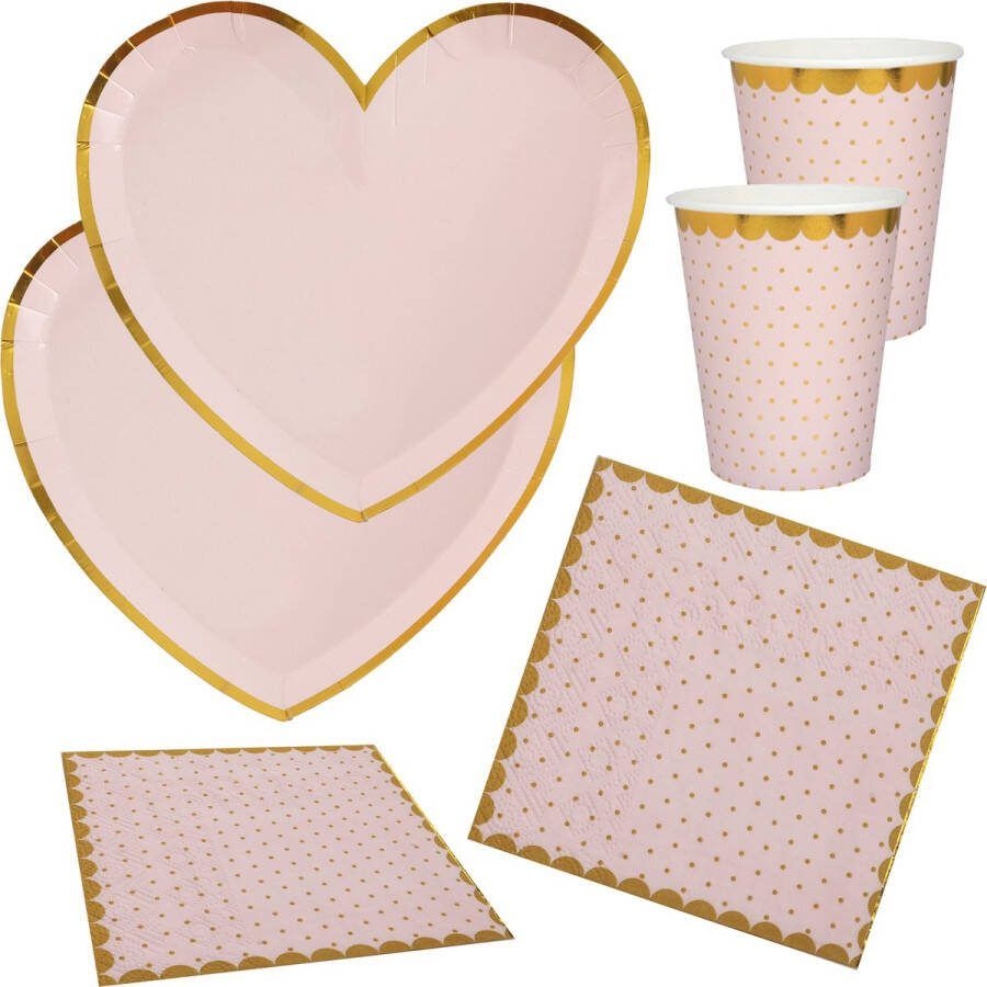 Santex Feest wegwerp servies set hartje 10x bordjes 10x bekers 20x servetten roze goud
