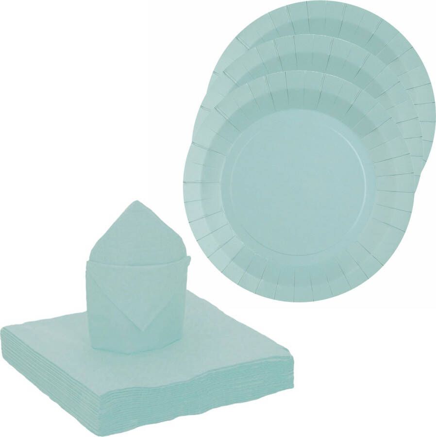 Santex feest verjaardag servies set 20x gebaksbordjes 25x servetten lichtblauw karton
