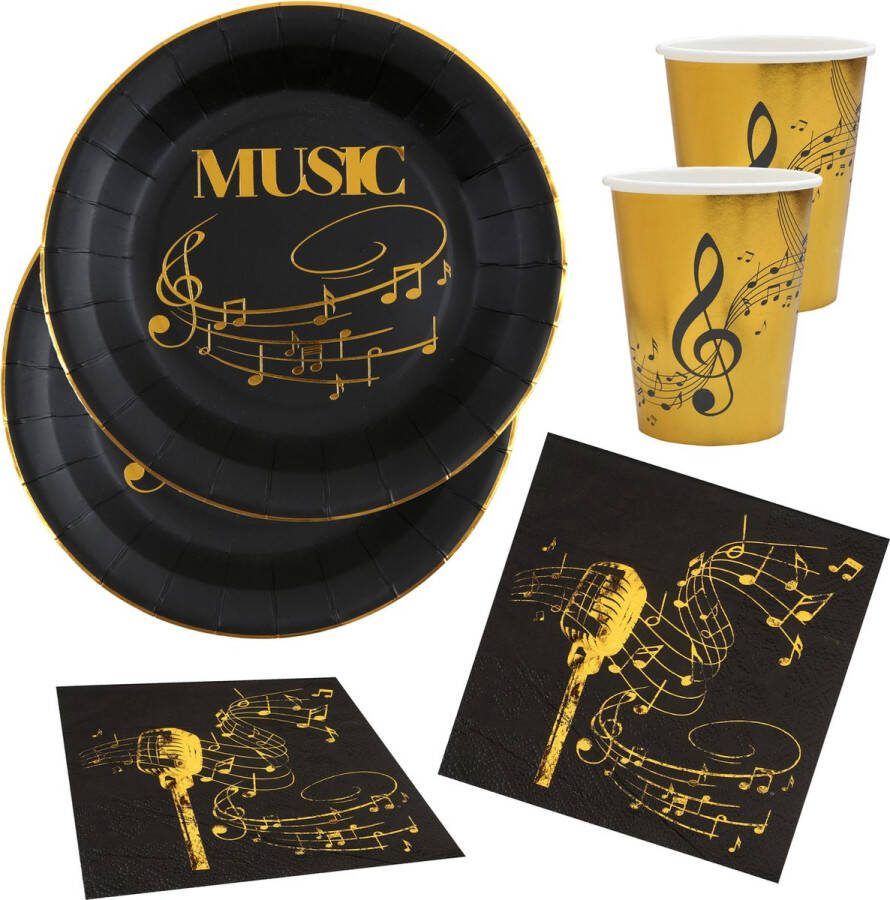Santex Muziek feest wegwerp servies set 20x bordjes 20x bekers 20x servetten goud zwart