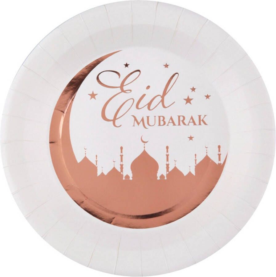 Santex Ramadan feest bordjes 10x karton 22 cm wit rose goud rond Eid Mubarak