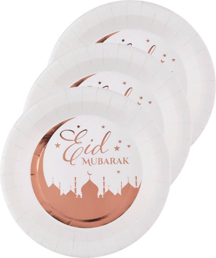 Santex Ramadan feest bordjes 20x karton 22 cm wit rose goud rond Eid Mubarak