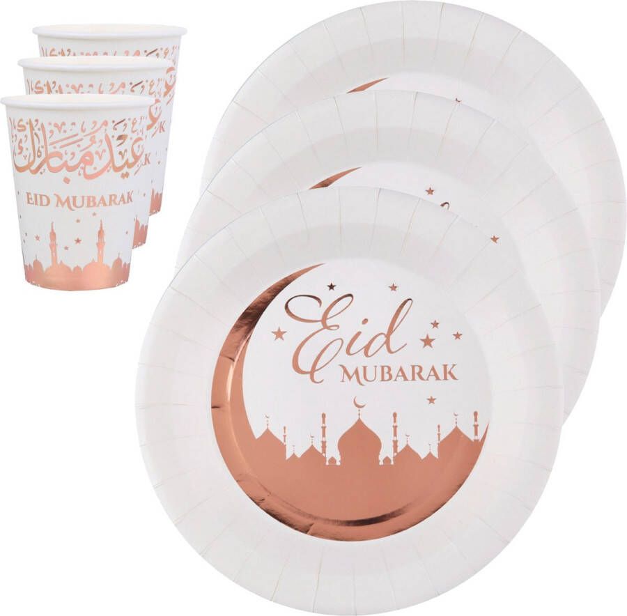Santex Ramadan thema suikerfeest set 10x bordjes en bekertjes wit rose goud Eid Mubarak