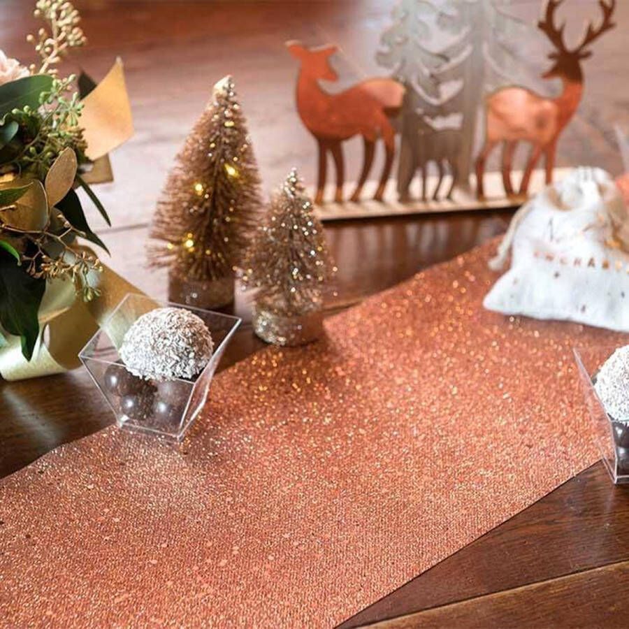 Santex Kerst tafelloper op rol rose goud glitter 18 x 500 cm polyester Tafellakens