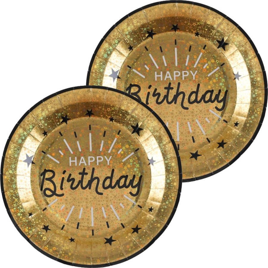 Santex Verjaardag feest bordjes happy birthday 20x goud karton 22 cm rond Feestbordjes