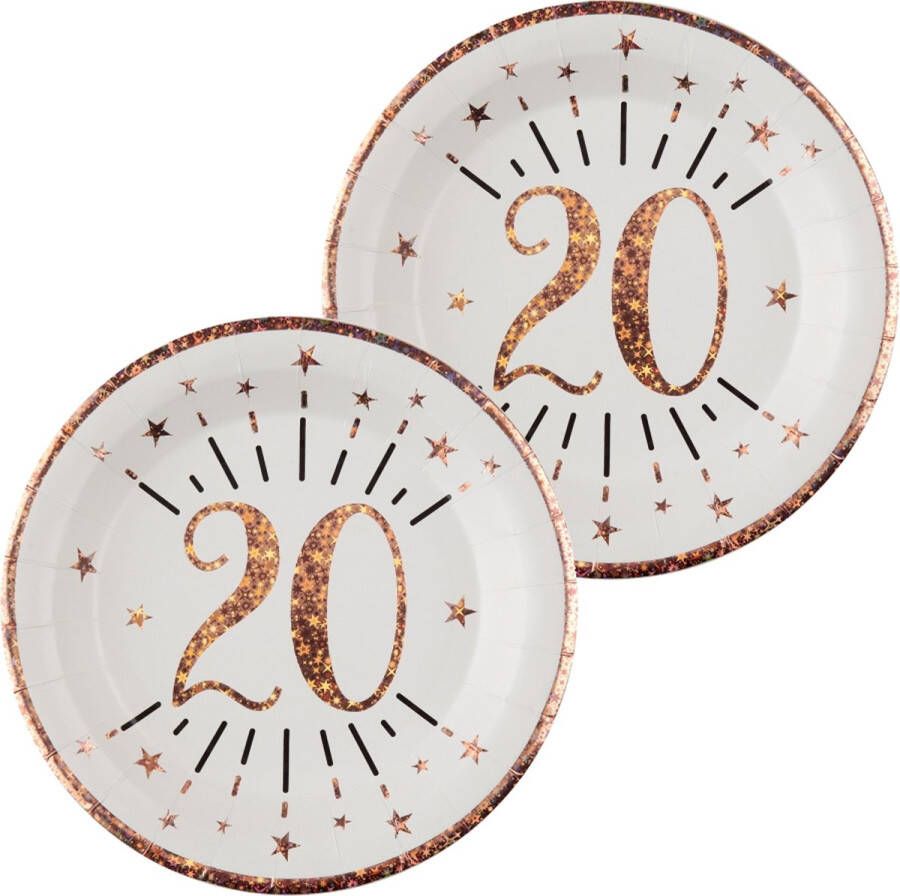 Santex Verjaardag feest bordjes leeftijd 20x 20 jaar rose goud karton 22 cm Feestbordjes
