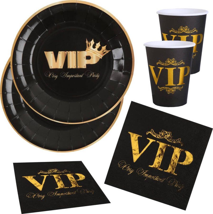 Santex VIP feest wegwerp servies set 10x bordjes 10x bekers 10x servetten zwart goud