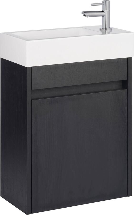 Saqu Florence Toiletmeubel Eiken Zwart Witte Fontein Chromen Kraan Fonteinmeubel WC Kastje WC Meubel