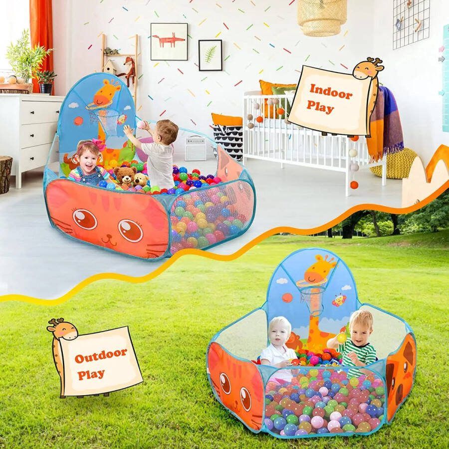 Sara Shop -Speelgoedorganizers-Kinderspeelmat-Boxspeelgoed- babybox-Opvouwbare ballentent-Ballenbad- speelruimte-speeltent-Baby Cadeau- Speelhoek- Ballenbak met Basketbal Net-Dieren print Ballenbad voor kinderen
