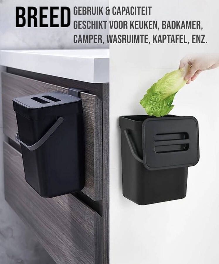 Sarimese Afvalbak Mat Zwart 5 Liter Compostbak Prullenbak voor Aanrecht Hangend en Staand Inclusief 1 Rol Vuilniszak Keuken