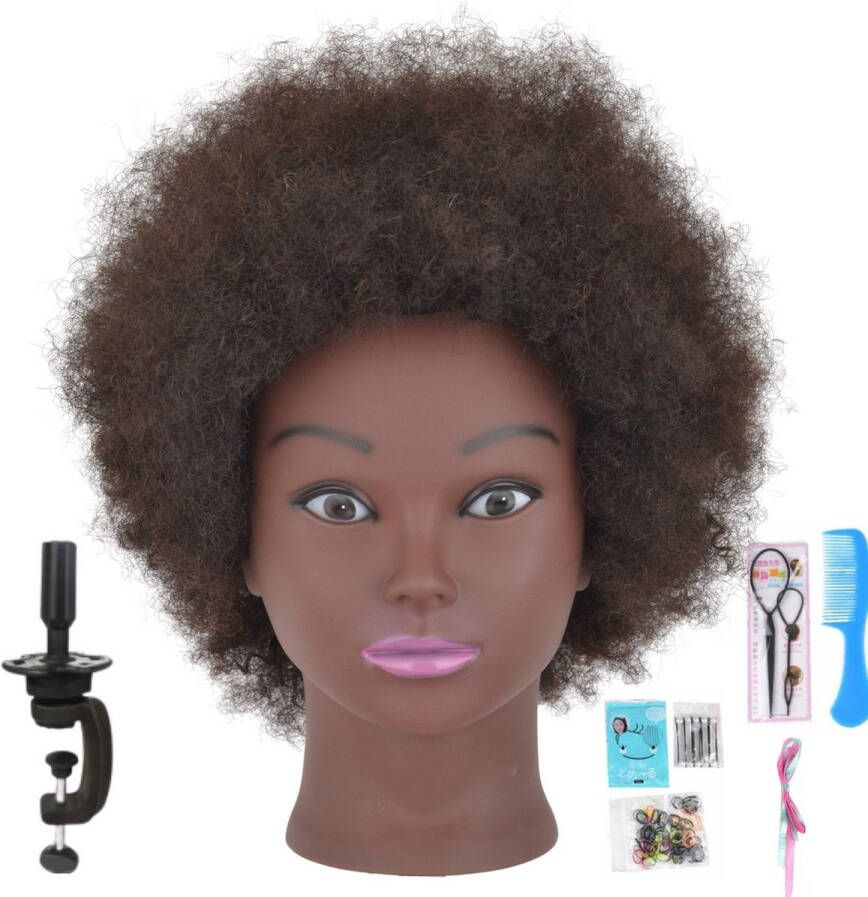 SassyGoods Sassy Goods Oefenhoofd Kappershoofd Afro Oefenpop Kapper 100% echt haar Kroeshaar Met statief en accessoires 15 cm