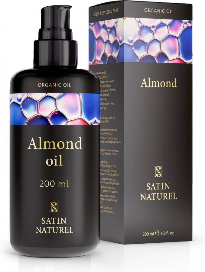 Satin Naturel Amandelolie Biologisch Haarolie als haarverzorging en hoofhuidverzorging Koudgeperste en natuurlijke Almond Oil 100% puur & vegan ideaal voor huid- en lichaamsverzorging voor aromatherapie en als massage olie 200 ml
