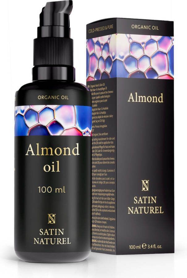 Satin Naturel Amandelolie Biologisch Haarolie als haarverzorging en hoofhuidverzorging Koudgeperste en natuurlijke Almond Oil 100% puur & vegan ideaal voor huid- en lichaamsverzorging voor aromatherapie en als massage olie 100 ml