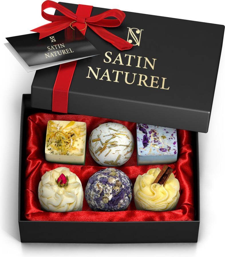 Satin Naturel Geschenkset voor Vrouwen Luxe Bruisballen voor bad Badbruisballen en Badparels van essentiële oliën en shea butter (ongeraffineerd) ideaal voor huidverzorging en ter ontspanning Badset met 6 stuks