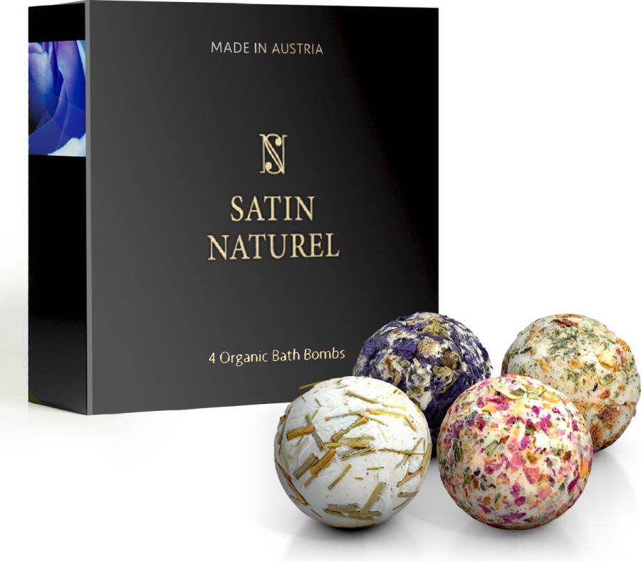 Satin Naturel 4 bruisballen Vegan & Bio bath bombs cadeaus voor vrouwen bath bombs in geschenkverpakking als badadditieven voor vrouwen ontspanning etherische oliën cadeau-ideeën kerstcadeaus voor vrouwen