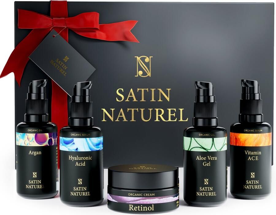 Satin Naturel Geschenkset voor Vrouwen Skincare set met hyaluronzuur serum + arganolie + aloë vera gel + vitamine C serum + hydraterende gezichtscrème Anti Aging Verwenpakket voor haar Geschenkset van 5x30ml