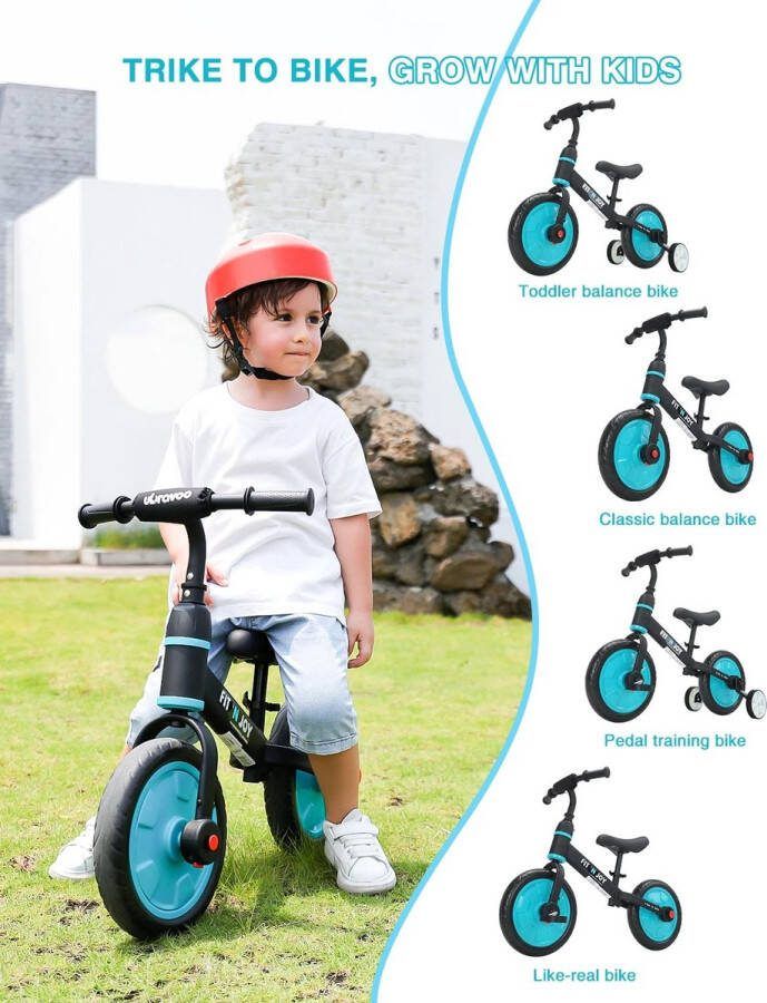 Sattire 4 in 1 Loopfiets jongens 2 jaar tot 5 jaar- peuterfiets Verstelbaar zadel Met Pedalen en Zijwieltjes Maximaal Gewicht 30kg