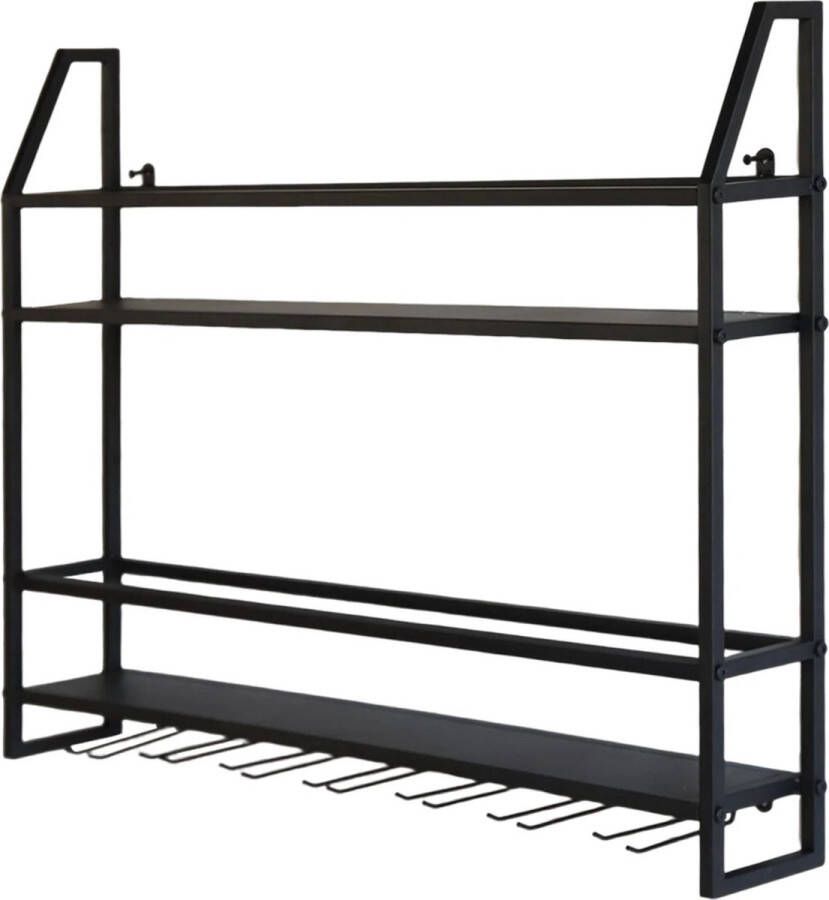 Sattire Ijzeren Wijnrek 80x62x12cm (LxHxD) Wijnplank Kast Flessenhouder en Glazenhouder Wijnglazen Bar Aan Muur Monteerbaar