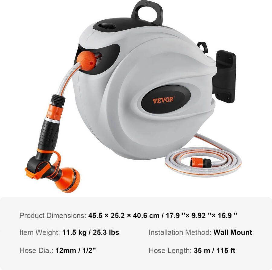 Sattire Intrekbare Tuinslang Haspel tuinslang 35 Meter Reel Slangreel 180 ° Draaibaar Muur Beugel Gemonteerde Tuinslang Haspel 9 Patronen Mondstuk 3 Standen