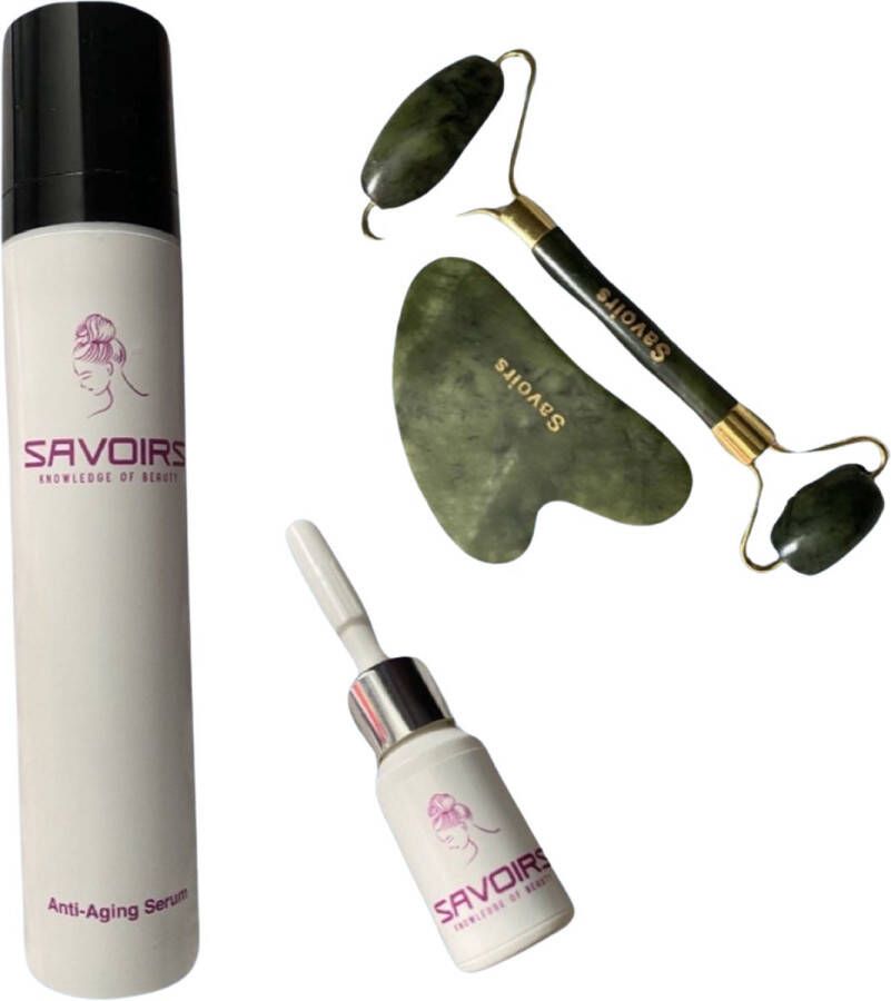 Savoirs Anti-aging serum bio 50 ml(Anti-wrinkle) inclusief Jade roller met Gua sha gezicht massage en mini Luxury serum bio 5ml Anti-aging