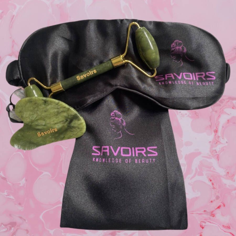 Savoirs Jade Roller Gua Sha set Groen Jade roller tweedelig Anti-aging gezicht massage inclusief twee drawstring bags en keus uit slaapmasker of haarband roze zwart wit