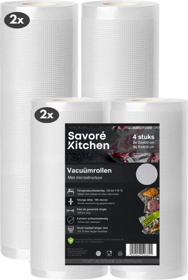Savoré Kitchen Vacumeerrollen 4 stuks 20 x 600 & 30 x 600 Vacuumzakken Voedsel Vacumeerzakken Vacuum en sous vide zakken