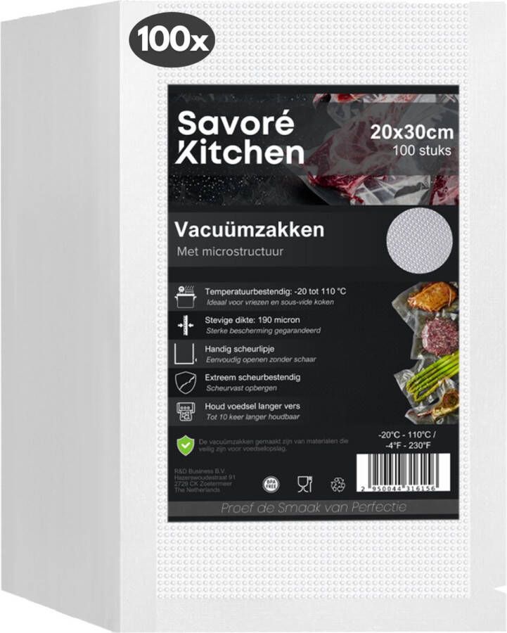 Savoré Kitchen Vacuumzakken Voedsel 20 x 30 100 stuks Vacumeerzakken Vacuum en sous vide zakken BPA vrij