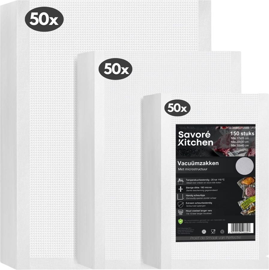 Savoré Kitchen Vacuumzakken Voedsel Meerdere maten 150 stuks Vacumeerzakken Vacuum en sous vide zakken BPA vrij