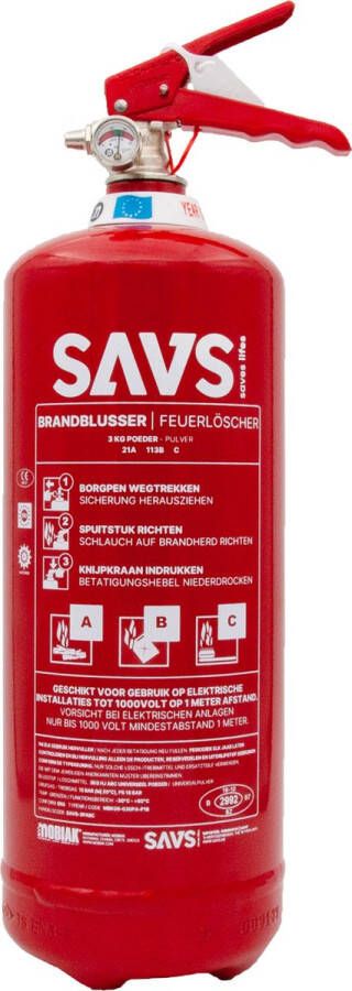 SAVS Brandblusser poeder 3 kg Blusrating 21A 113B C Geproduceerd in Europa