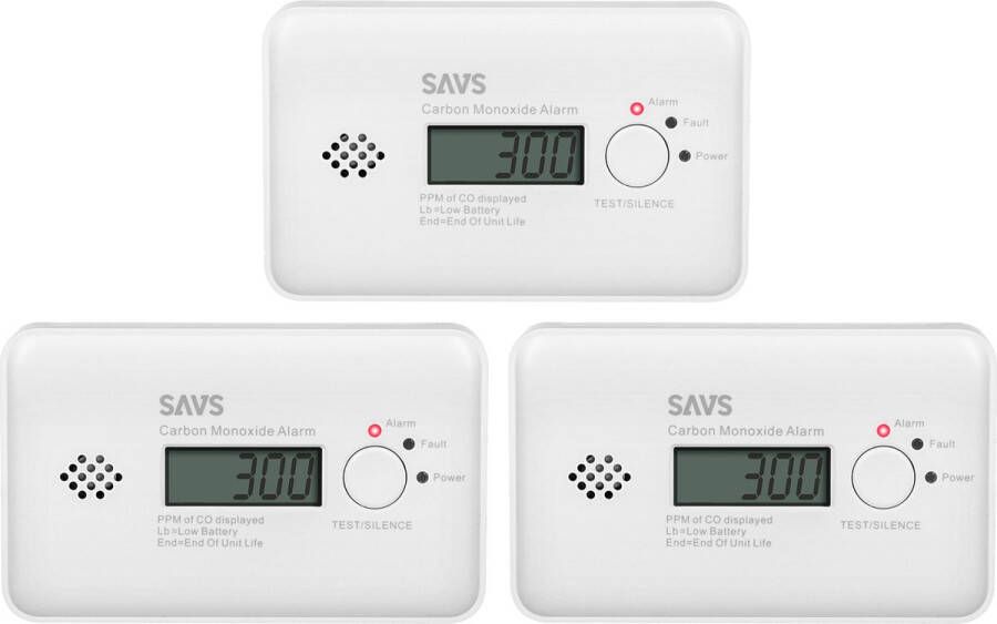 SAVS C10 Koolmonoxidemelder 3-pack 10 jaar batterij LCD display 10 jaar Figaro sensor Voldoet aan Europese norm