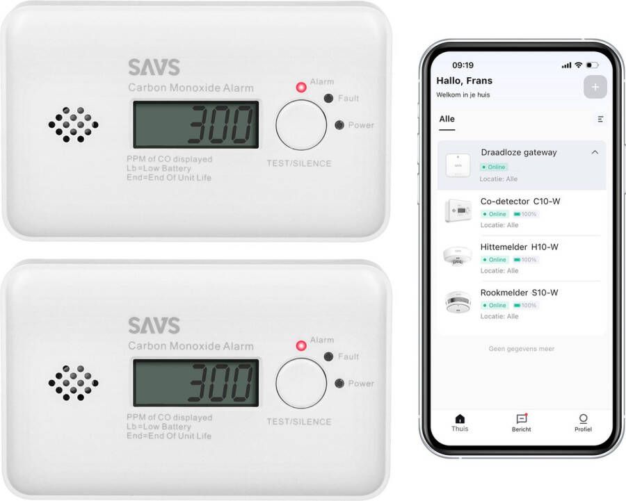 SAVS C10-W Slimme koolmonoxidemelder met WiFi 2-pack LinkSmart Werkt via app Draadloos RF koppelbaar LCD Display CO melder