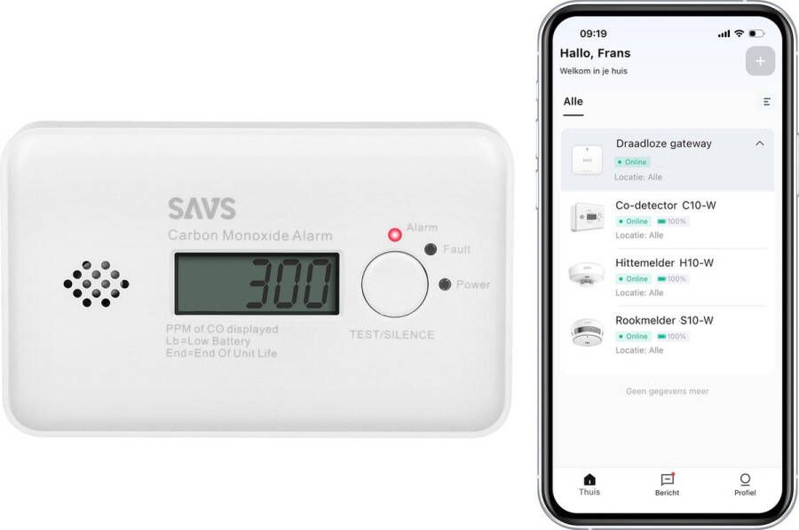 SAVS C10-W Slimme koolmonoxidemelder met WiFi LinkSmart Werkt via app Draadloos RF koppelbaar LCD Display CO melder