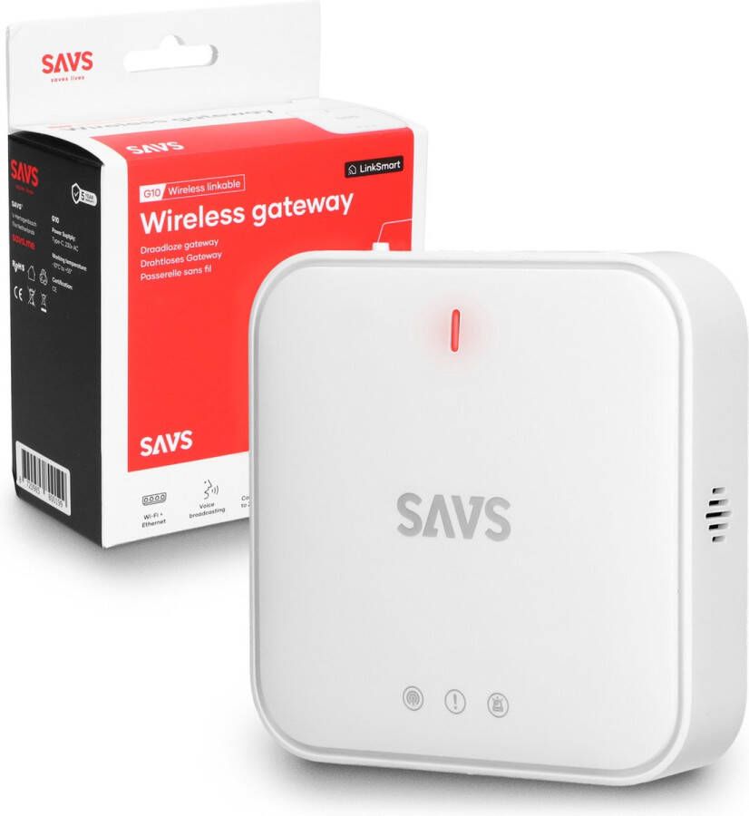 SAVS G10 Base station WiFi gateway LinkSmart Voor de S10-W Rookmelder C10-W Koolmonoxidemelder en H10-W Hittemelder Smart home Werkt via app