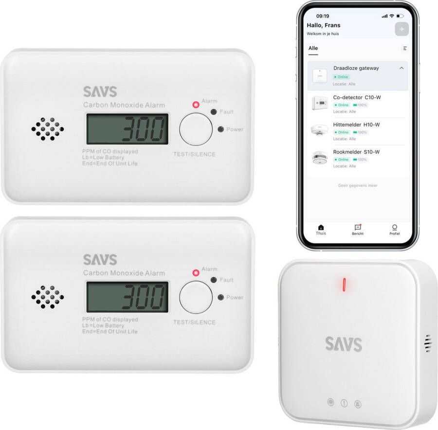 SAVS LinkSmart Slimme bundel 2 C10-W Koolmonoxidemelders en G10 Base Station Werkt via app WiFi gateway Draadloos RF koppelbaar CO melder Smart home