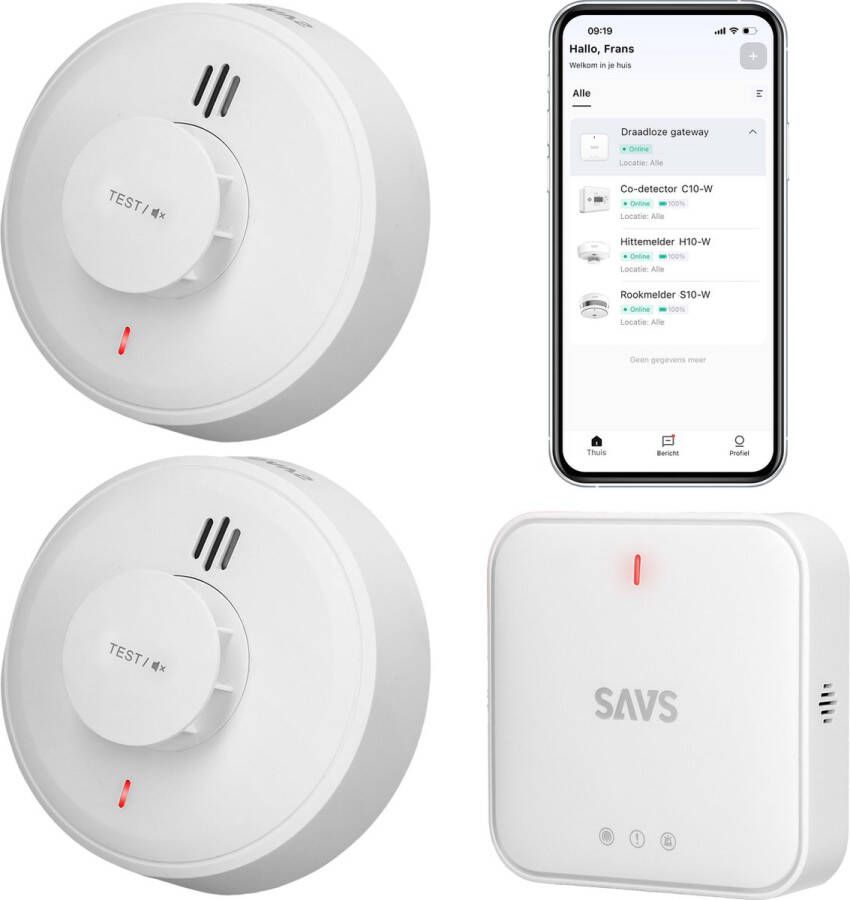 SAVS LinkSmart Slimme bundel 2 H10-W Hittemelders en G10 Base Station 10 jaar batterij – Keukenmelder Werkt via app WiFi gateway Draadloos RF koppelbaar WArmtemelder Smart home