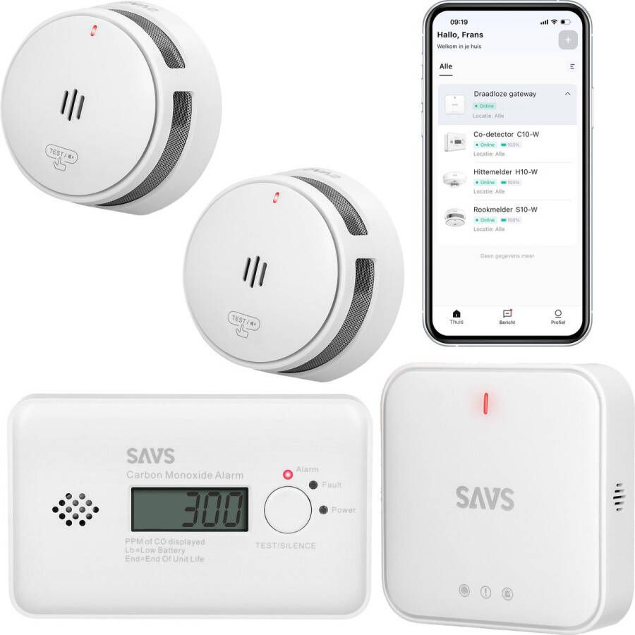 SAVS LinkSmart Slimme bundel 2 S10-W Rookmelders 1 C10-W Koolmonoxidemelder en G10 Base Station Werkt via app WiFi gateway Draadloos RF koppelbaar Brandalarm en CO melder Smart home