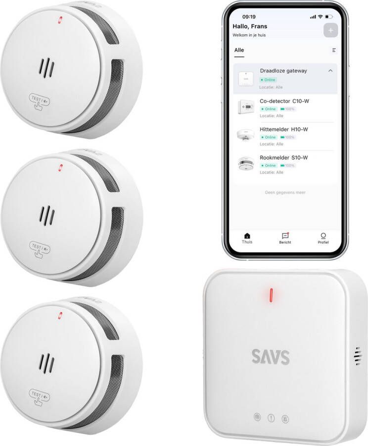 SAVS LinkSmart Slimme Rookmelder bundel 3 S10-W Rookmelders en G10 Base Station Werkt via app WiFi gateway Draadloos RF koppelbaar Brandalarm Smart home