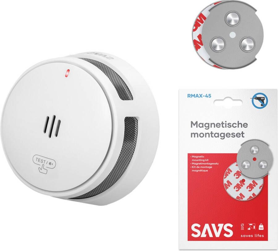 SAVS S10 Rookmelder 10 jaar batterij Met magneet montage Compact design Voldoet aan Europese norm Infrarood sensor Brandalarm zonder boren