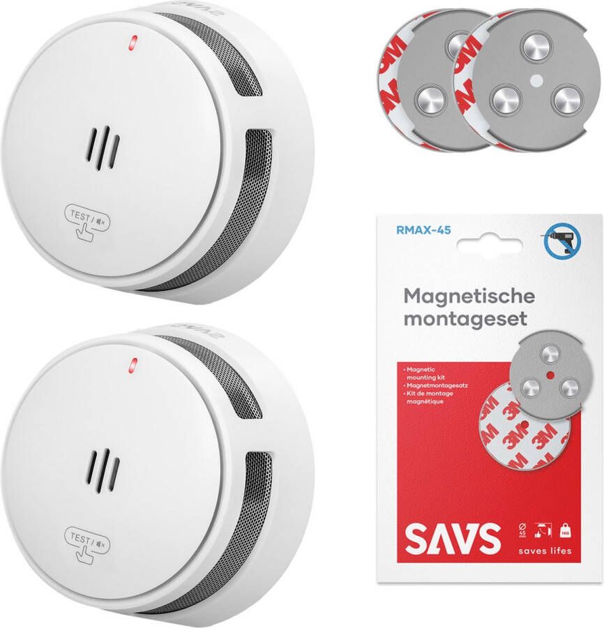 SAVS S10 Rookmelder 2-pack 2 Rookmelders 10 jaar batterij Met magneet montage Compact design Voldoet aan Europese norm Infrarood sensor Brandalarm zonder boren