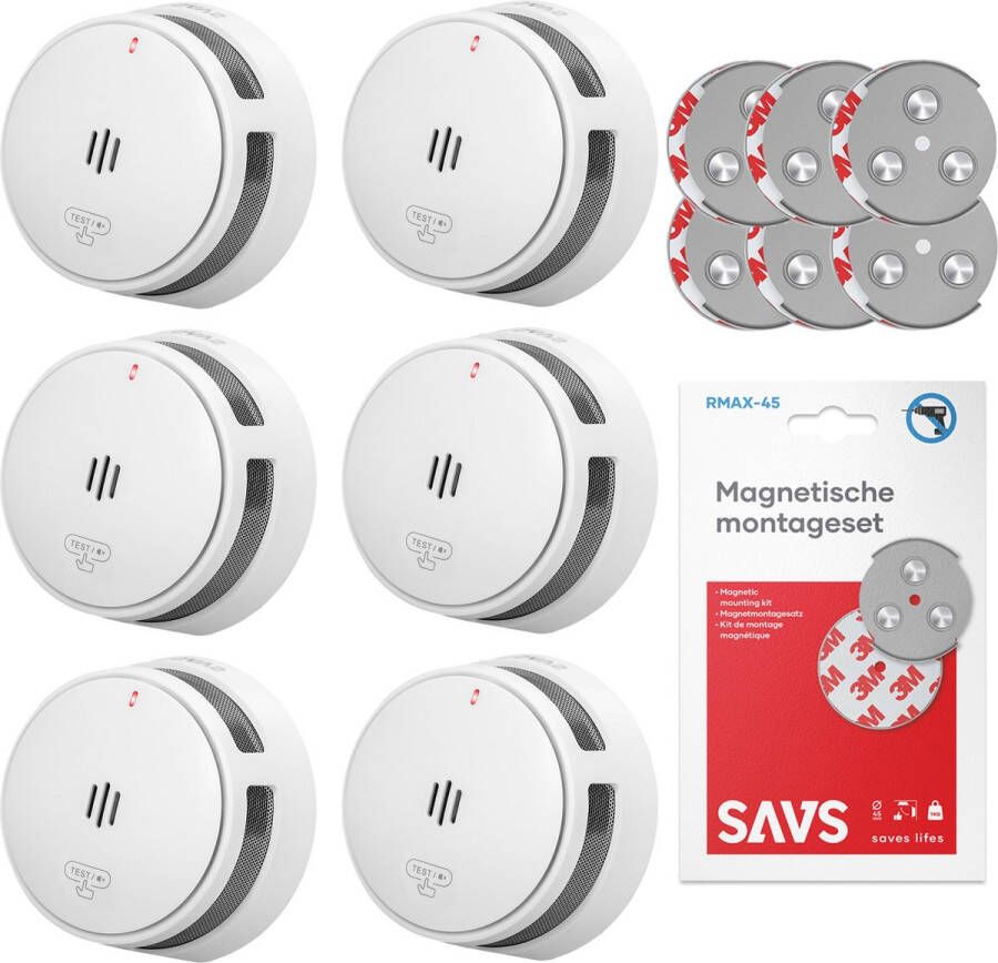 SAVS S10 Rookmelder 6-pack 6 Rookmelders 10 jaar batterij Met magneet montage Compact design Voldoet aan Europese norm Infrarood sensor Brandalarm zonder boren