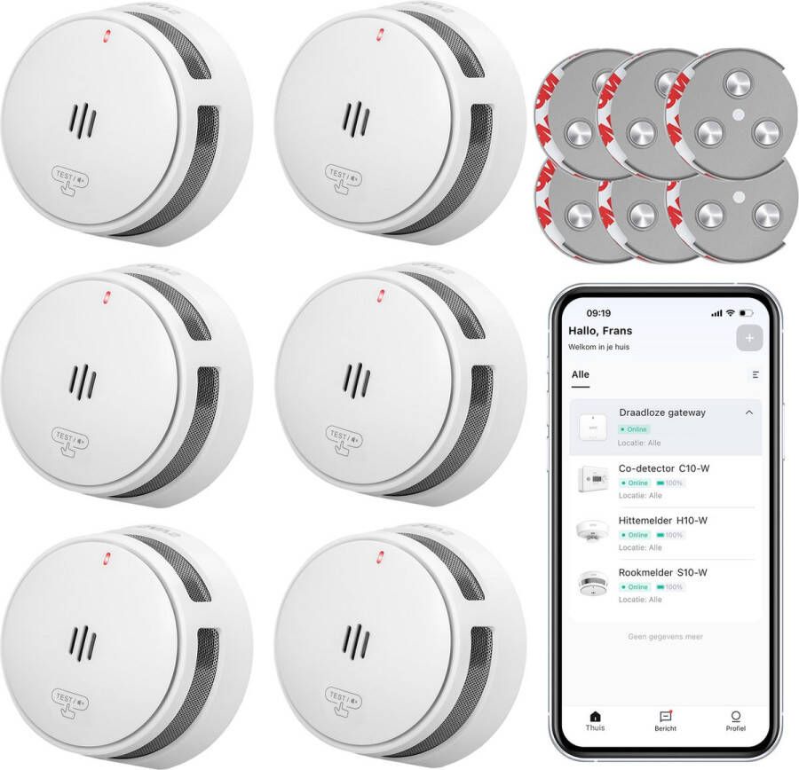 SAVS S10-W Slimme rookmelder met WiFi 6-pack 6 Rookmelders met magneet montage LinkSmart 10 jaar batterij Draadloos RF koppelbaar Infrarood sensor Brandalarm zonder boren