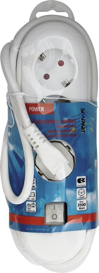 Scanpart stekkerdoos 3 voudig met schakelaar 3 meter Stekkerblok met randaarde Wit