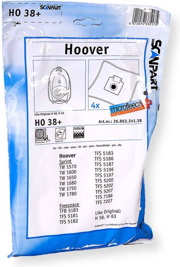 Scanpart stofzuigerzakken 4 stuks Geschikt voor Hoover Capture Flash Freespace Sprint H58 H63 H64 Inclusief 1 filter Alternatief