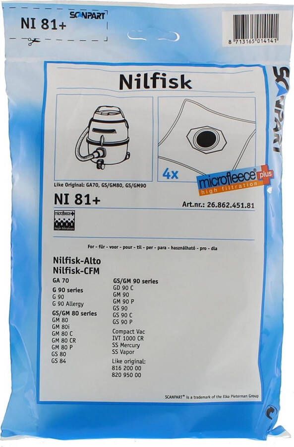 Scanpart stofzuigerzakken 4 stuks Geschikt voor Nilfisk GA70 GM80 GM90 GS80 GS90 Inclusief 1 filter Alternatief
