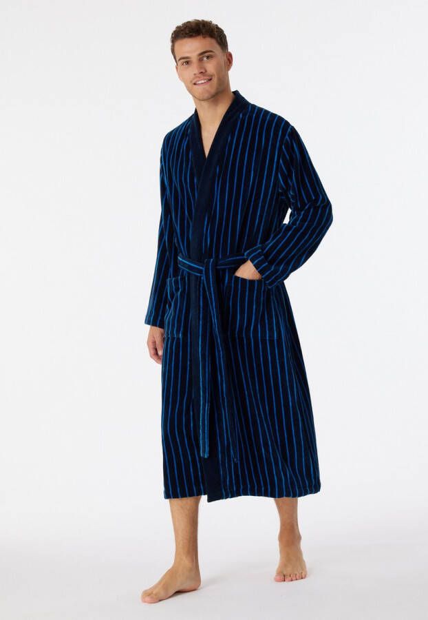 Schiesser Essentials badjas heren badjas softvelours donkerblauw gestreept Maat: M