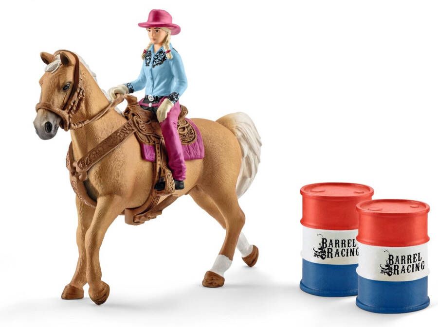 Schleich Farm World Barrel racing met cowgirl Speelfigurenset Kinderspeelgoed voor Jongens en Meisjes 3 tot 8 jaar 5 Onderdelen
